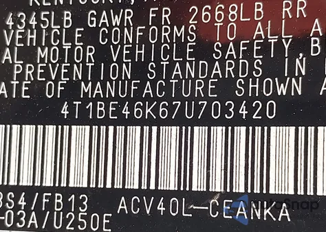 2007 Toyota Camry Le z USA, uszkodzony, nr VIN 4T1BE46K67U703420